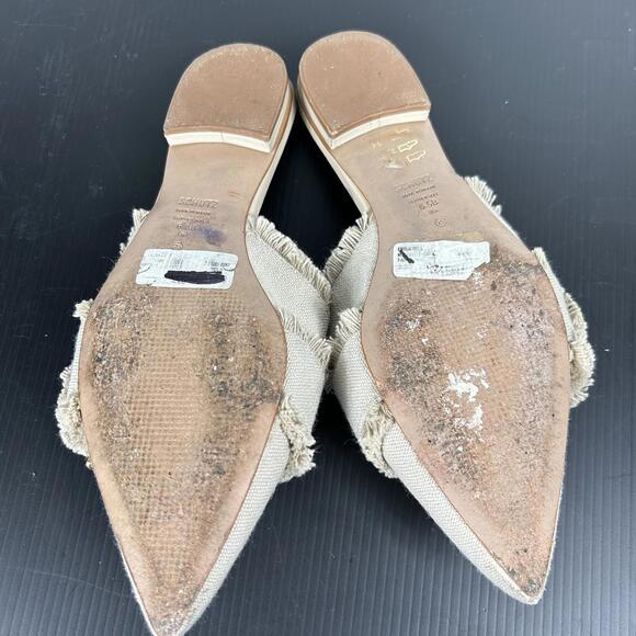 Schutz size 6.5 B Beige Frayed Mules Gold tan canvas Buckle Womens - Picture 9 of 13